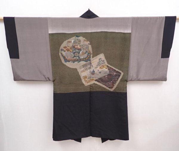 Photo1: 5920T03z580 Vintage Japanese Kimono Silk Men's HAORI Ship Black (1)