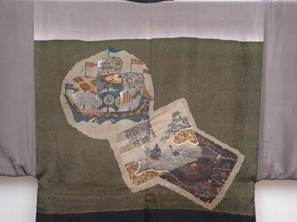 Photo3: 5920T03z580 Vintage Japanese Kimono Silk Men's HAORI Ship Black (3)