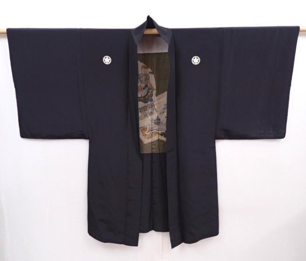 Photo6: 5920T03z580 Vintage Japanese Kimono Silk Men's HAORI Ship Black (6)