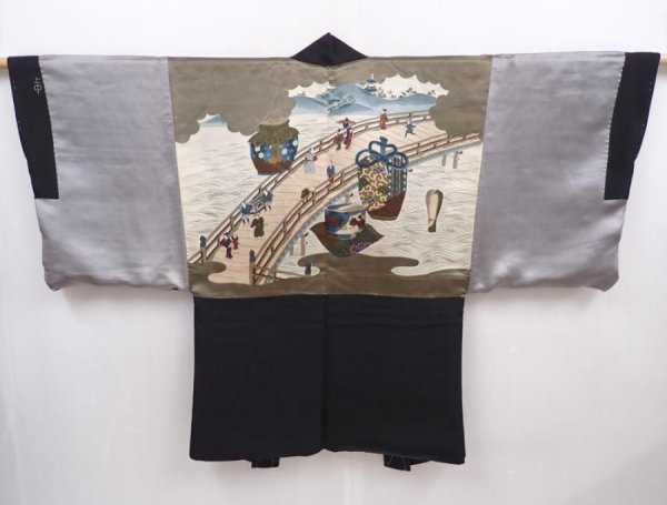 Photo1: 5920T04z620 Vintage Japanese Kimono Silk Men's HAORI Bridge Black (1)