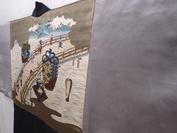 Photo2: 5920T04z620 Vintage Japanese Kimono Silk Men's HAORI Bridge Black (2)