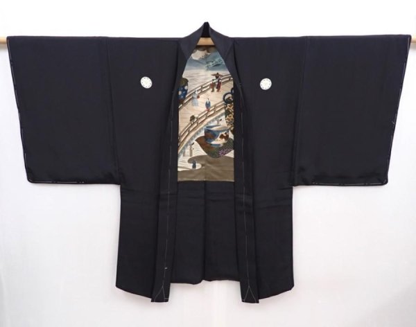 Photo7: 5920T04z620 Vintage Japanese Kimono Silk Men's HAORI Bridge Black (7)