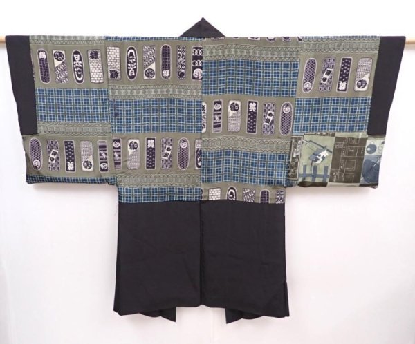 Photo1: 5920T05z550 Vintage Japanese Kimono Silk Men's HAORI 千社札 Black (1)