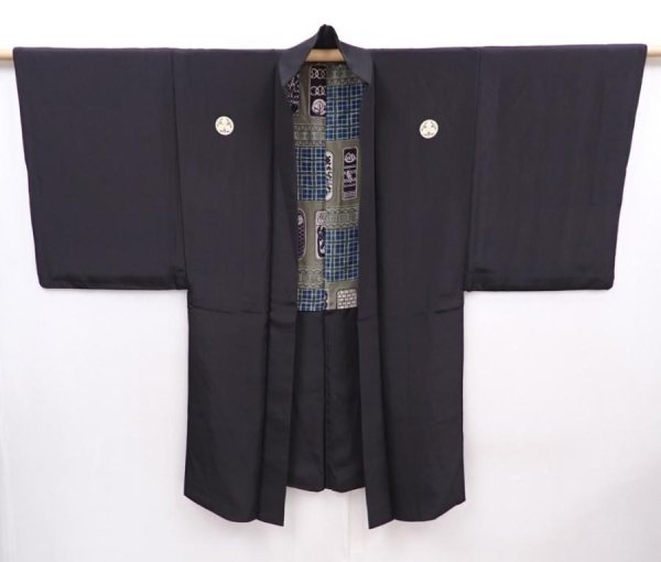 Photo5: 5920T05z550 Vintage Japanese Kimono Silk Men's HAORI 千社札 Black (5)