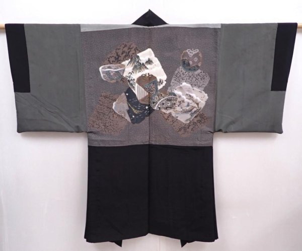 Photo1: 5920T08z500 Vintage Japanese Kimono Silk Men's HAORI Scenery Black (1)