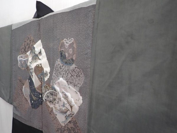 Photo2: 5920T08z500 Vintage Japanese Kimono Silk Men's HAORI Scenery Black (2)