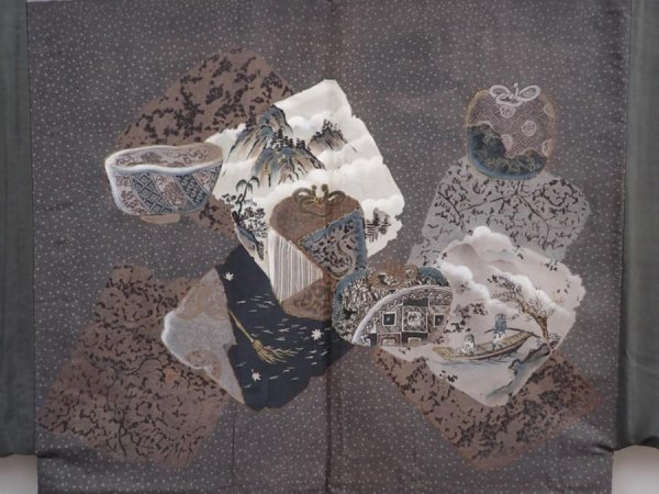 Photo3: 5920T08z500 Vintage Japanese Kimono Silk Men's HAORI Scenery Black (3)