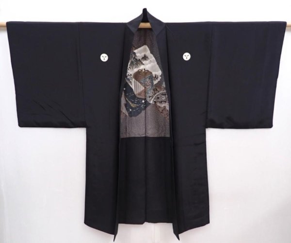 Photo6: 5920T08z500 Vintage Japanese Kimono Silk Men's HAORI Scenery Black (6)