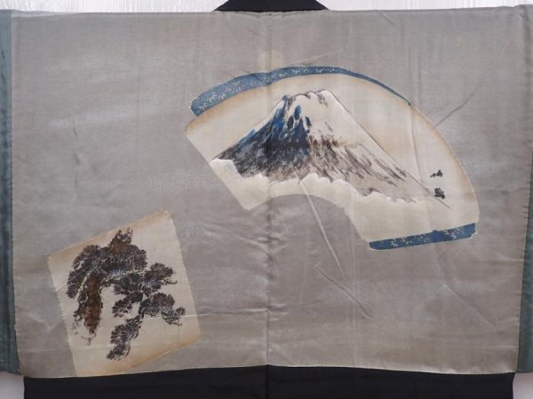 Photo3: 5920T09z510 Vintage Japanese Kimono Silk Men's HAORI Mt.Fuji Black (3)