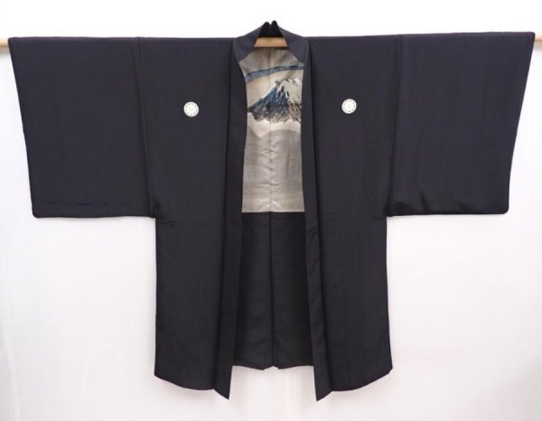 Photo6: 5920T09z510 Vintage Japanese Kimono Silk Men's HAORI Mt.Fuji Black (6)