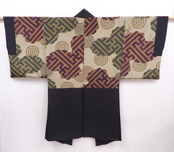 Photo1: 5920T11z680 Vintage Japanese Kimono Silk Men's HAORI  Black (1)