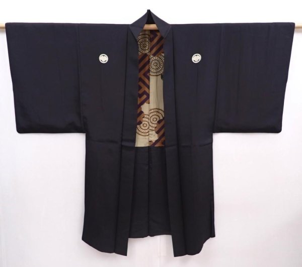 Photo7: 5920T11z680 Vintage Japanese Kimono Silk Men's HAORI  Black (7)