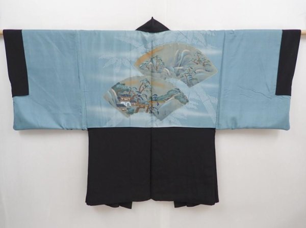 Photo1: 5920T12z560 Vintage Japanese Kimono Silk Men's HAORI Scenery Black (1)
