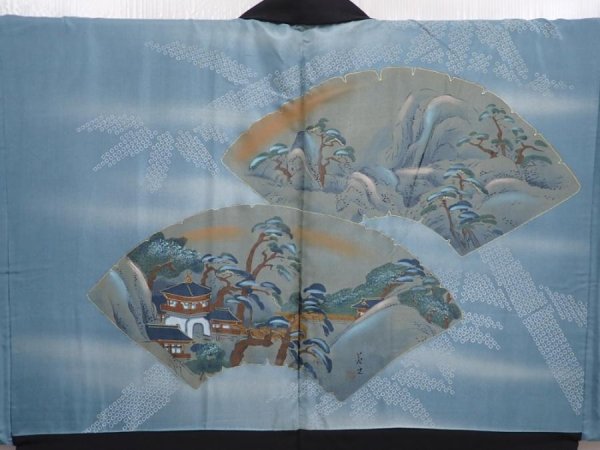 Photo2: 5920T12z560 Vintage Japanese Kimono Silk Men's HAORI Scenery Black (2)