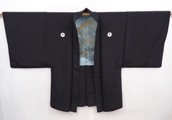 Photo7: 5920T12z560 Vintage Japanese Kimono Silk Men's HAORI Scenery Black (7)