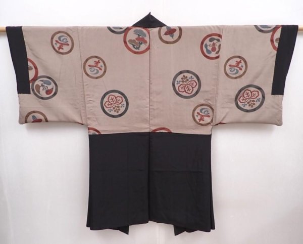 Photo1: 5920T14z540 Vintage Japanese Kimono Silk Men's HAORI 寿 Black (1)