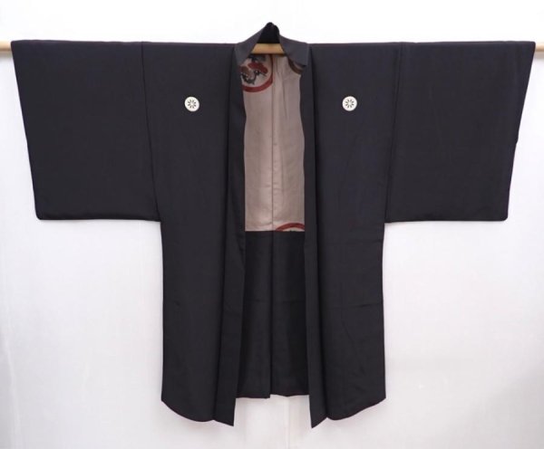 Photo6: 5920T14z540 Vintage Japanese Kimono Silk Men's HAORI 寿 Black (6)