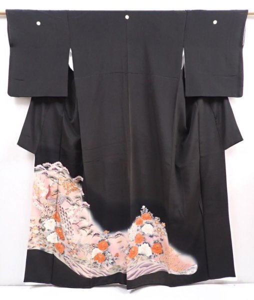 Photo1: 5926T01z1140  Japanese Kimono Silk TOMESODE Peacock Black (1)