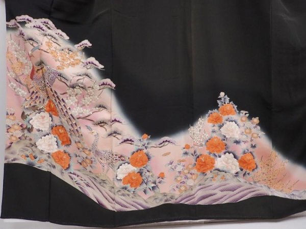 Photo5: 5926T01z1140  Japanese Kimono Silk TOMESODE Peacock Black (5)