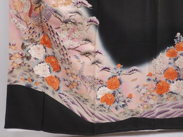 Photo6: 5926T01z1140  Japanese Kimono Silk TOMESODE Peacock Black (6)