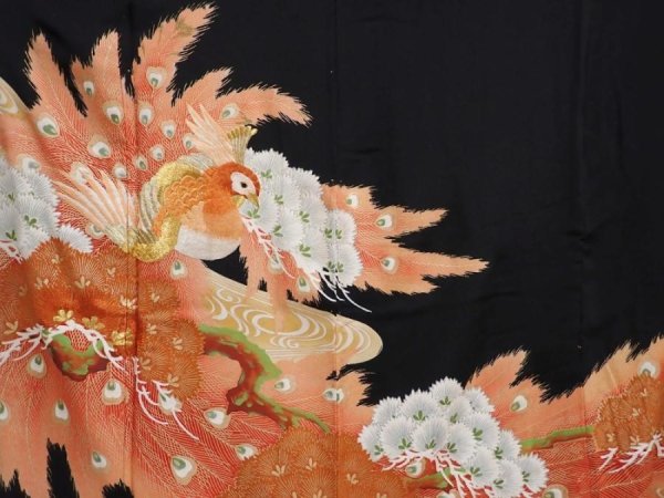 Photo8: 5926T04z1200 Vintage Japanese Kimono Silk TOMESODE Peacock Black (8)