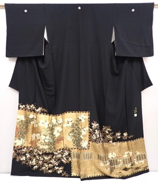 Photo1: 5926T06z1340 Japanese Kimono Silk ARTIST WORK TOMESODE Black (1)