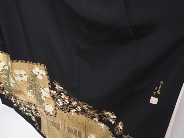 Photo4: 5926T06z1340 Japanese Kimono Silk ARTIST WORK TOMESODE Black (4)
