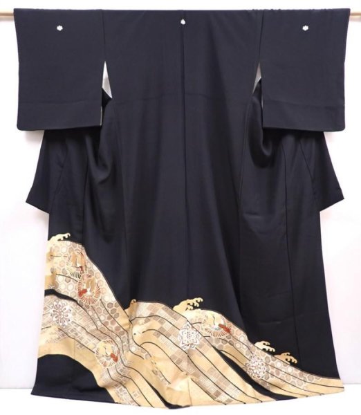 Photo1: 5926T07z1460 Vintage Japanese Kimono Silk TOMESODE Flying crane Black (1)
