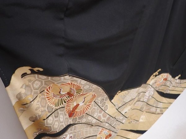 Photo3: 5926T07z1460 Vintage Japanese Kimono Silk TOMESODE Flying crane Black (3)