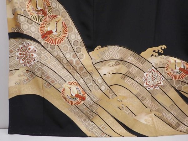 Photo6: 5926T07z1460 Vintage Japanese Kimono Silk TOMESODE Flying crane Black (6)