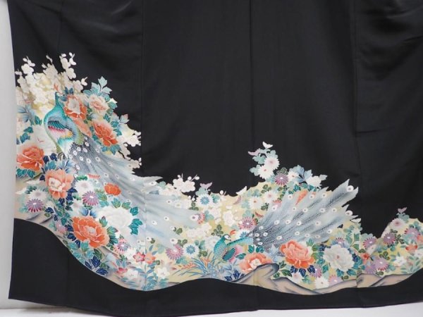 Photo5: 5926T08z1560 Vintage Japanese Kimono Silk TOMESODE Peacock Black (5)