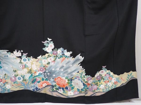 Photo7: 5926T08z1560 Vintage Japanese Kimono Silk TOMESODE Peacock Black (7)