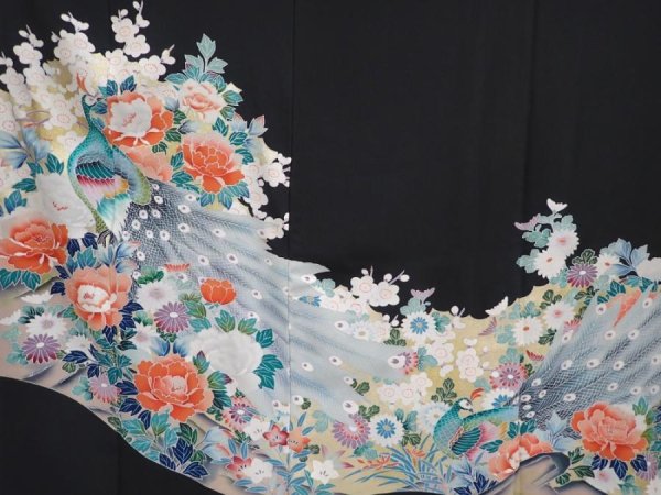 Photo8: 5926T08z1560 Vintage Japanese Kimono Silk TOMESODE Peacock Black (8)