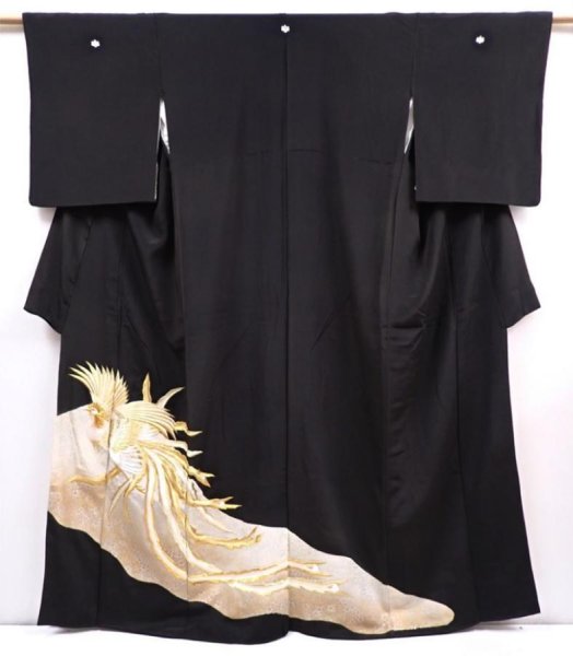 Photo1: 5926T09z1270 Vintage Japanese Kimono Silk TOMESODE Phoenix Black (1)