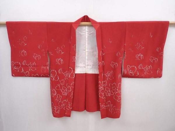 Photo7: 5915T02z510 Vintage Japanese Kimono Silk HAORI Flower Dull red (7)
