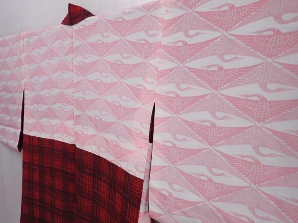 Photo7: 5915T04z490 Vintage Japanese Kimono Silk HAORI  Red (7)