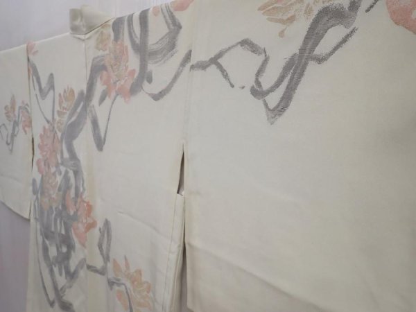 Photo2: 5915T09z610 Vintage Japanese Kimono Silk HAORI Flower Light olive (2)