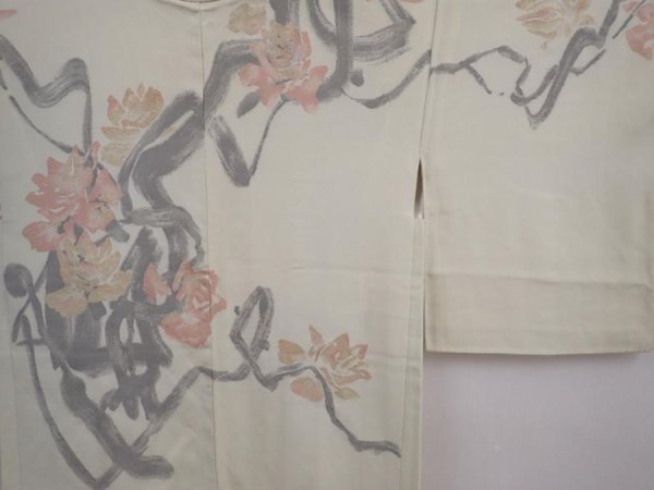Photo3: 5915T09z610 Vintage Japanese Kimono Silk HAORI Flower Light olive (3)