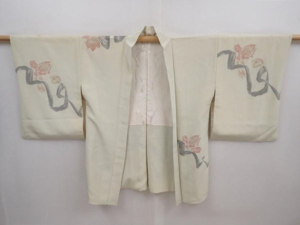 Photo5: 5915T09z610 Vintage Japanese Kimono Silk HAORI Flower Light olive (5)