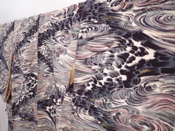 Photo2: 5915T13z930 Vintage Japanese Kimono Silk KOMON Wave Gray-Blue (2)