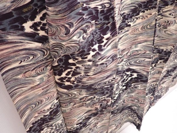 Photo3: 5915T13z930 Vintage Japanese Kimono Silk KOMON Wave Gray-Blue (3)