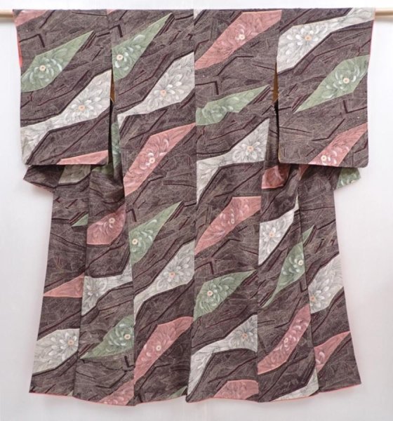 Photo1: 5915T14z850 Vintage Japanese Kimono Silk KOMON Chrysanthemum Dark brown (1)