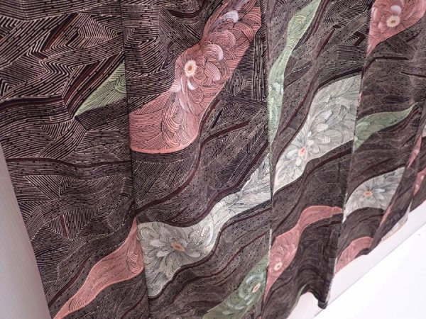 Photo3: 5915T14z850 Vintage Japanese Kimono Silk KOMON Chrysanthemum Dark brown (3)
