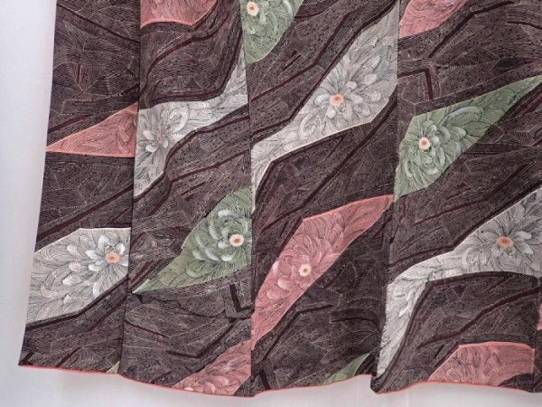 Photo4: 5915T14z850 Vintage Japanese Kimono Silk KOMON Chrysanthemum Dark brown (4)