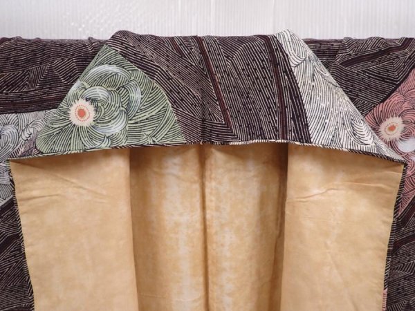Photo8: 5915T14z850 Vintage Japanese Kimono Silk KOMON Chrysanthemum Dark brown (8)