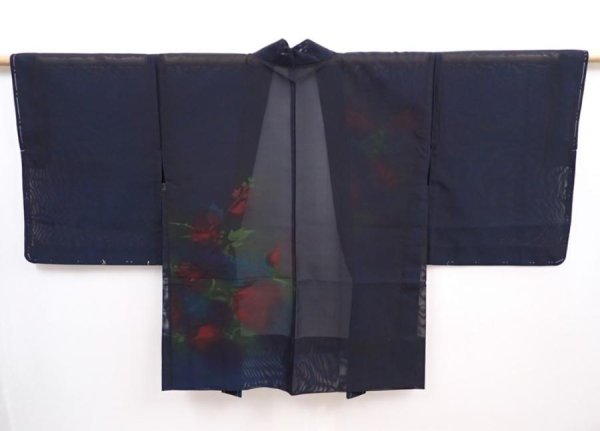 Photo1: 5919T01z270 Vintage Japanese Kimono Silk See through HAORI Leaf Black (1)