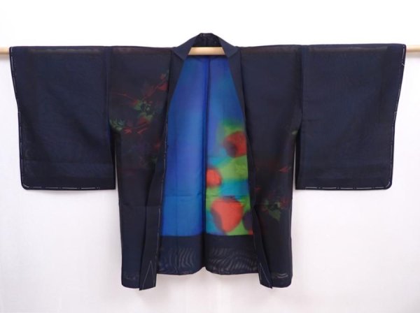 Photo5: 5919T01z270 Vintage Japanese Kimono Silk See through HAORI Leaf Black (5)