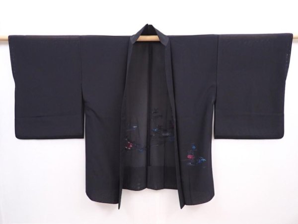 Photo5: 5919T02z310 Vintage Japanese Kimono Silk See through HAORI Flowers Black (5)
