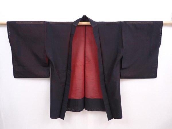 Photo5: 5919T03z290 Vintage Japanese Kimono Silk See through HAORI Leaf Black (5)