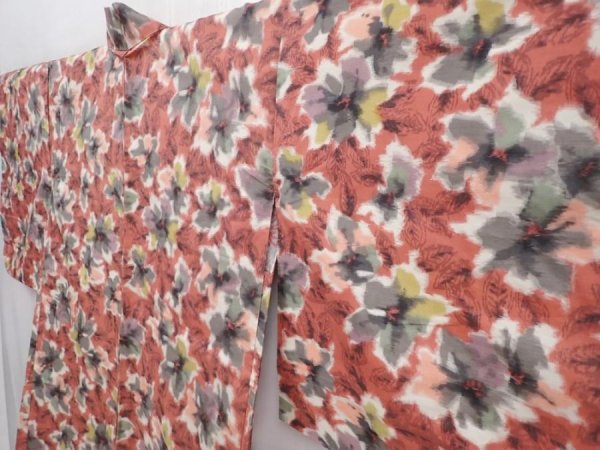 Photo2: 5919T08z430 Vintage Japanese Kimono Silk MEISEN HAORI Flower Dark coral (2)